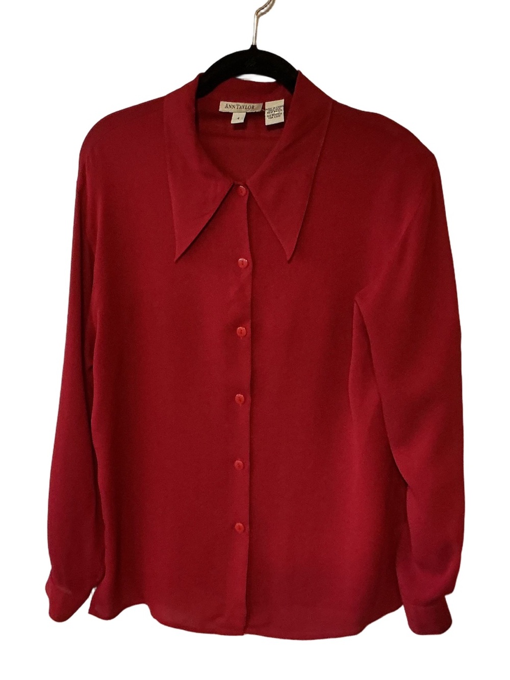 Ann Taylor 100% Silk Dagger Collar Blouse Long Sleeves Wine Red 4